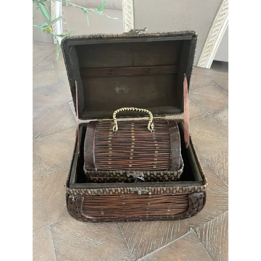 Vtg  Set of 2  Woven Rattan Faux Leather Basket Nesting Boxes w/ Latches Handles